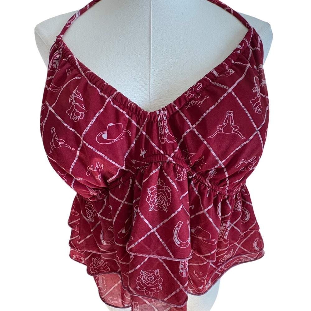 Wild Fable Red Western Bandana Print Ruffle Halter Babydoll Top XXL